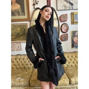 Madison & Max Black Leather Rabbit Fur Lined Jacket Hook & Eye Closure XL